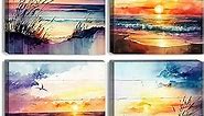 Sunset Beach Canvas Wall Art 4Pcs Abstract Coastal Seaside Landscape Paintings Bathroom Wall Decor 12x12" Watercolor Tropical Nature Ocean Seascape Prints Pictures Artwork for Living Room Decoration