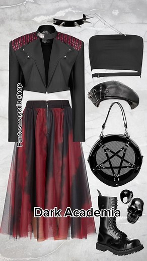 Dead but Pretty cool outfit ideas from Fantasmagoria shop⛓️ ⛓️DARK ACADEMIA OUTFIT⛓️ Manifesto crop jacket Bloody Dawn skirt Nobu top 15-eye black combat boots Thriller beret Black skull ring Devils horns choker ⛓️BOHO WITCH OUTFIT⛓️ Dark Raver top Libra trousers Luna Daze choker Superstitious necklace Witch brim hat Claws and Bones silver earrings Bad Moon Rising bucket bag Kiss of Death vial necklace Charmed cutout boots ⛓️NU GOTH OUTFIT⛓️ Harpy leggings with legwarmers Cyberella top Furrious 