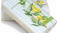 Lemons & Stripes Design Disposable Guest Hand Towels for Bathrooms –- Linen-Feel Paper Towels, Cloth-Like Texture, Single-Use - Size: 12x17” Unfolded & 8.5x4” Folded 25ct By SimuLinen
