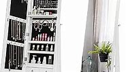 CHARMAID Jewelry Cabinet with LED Light Strip, Floor Jewelry Armoire with 62.5'' High Full Length Mirror, Vanity Mirror, Foldable Makeup Shelf, Jewelry Organizer Storage with 6 Drawers (White)