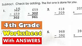 4th Grade Math - Subtract And Check | Worksheet With Answers | Add To Check Answers