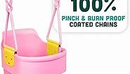 Premium High Back Full Bucket Toddler Swing Seat with Finger Grip, Plastic Coated Chains for Safety and Carabiners for Easy Install - Pink - Squirrel Products