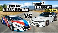 1,300hp Altima Drift Car races Twin Turbo 1,000hp Hellcat // THIS vs THAT