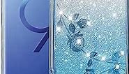 Phone Case for Samsung Galaxy S9 Plus Case Glitter Pink Floral for Women Girls Cute Pretty Bling Cover Samsung S9 Plus Case Slim Clear Silicone Shockproof Sparkle Luxury (Blue)