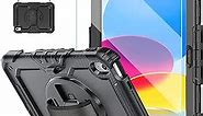 New iPad 10th Generation Case 2022 10.9 Inch with Tempered Glass Screen Protector & Pencil Holder |Blosomeet Rugged Protective Kids 10th Gen iPad Cover with Stand Hand Shoulder Strap |Black