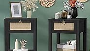SICOTAS Black Nightstand Set of 2 - Rattan Decor Drawer with Brass Knobs Night Stand Wood Bedside Table Boho End Tables Side Tables with Storage Shelf