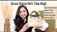 GUCCI Mini Diana Tote BAG 1 YEAR REVIEW | Pros & Cons | Wear & Tear | How I Style it | 10 Outfits!