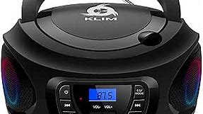 KLIM Boombox Portable Audio System - New Version 2024 - FM Radio CD Player Bluetooth MP3 USB AUX - Includes Rechargeable Batteries - Wired & Wireless Modes - Compact and Sturdy - Black
