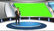 Virtual studio green screen for solo anchor with standing posture. free use. chroma key.