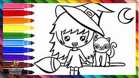 Dibuja y Colorea Una Bruja Con Su Gato 🧙‍♀️🧹😾 Dibujos Para Niños