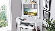 Tangkula White Corner Desk with Hutch, 90 Degrees Triangle Computer Desk with Keyboard Tray & Bookshelves for Small Space, Space Saving Writing Desk with Storage Shelves for Bedroom Apartment