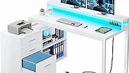 YITAHOME L Shaped Desk with Power Outlets & LED Lights & File Cabinet, 55" Corner Computer Desk with 3 Drawers and 2 Storage Shelves, Home Office Desk with Monitor Stand, White