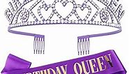 CIEHER Purple Birthday Sash & Queen Crown Kit, Purple Birthday Decorations, Purple Crown Purple Tiara, Birthday Crowns for Women Girls Purple Birthday Crown, Birthday Gifts for Women