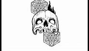 Tattoo flash skull design process with geometric