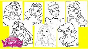 Disney Princesses Coloring Pages - Jasmine Snow White Cinderella Ariel Belle Aurora Rapunzel