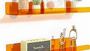 upsimples Clear Orange Acrylic Shelves for Wall Storage, 15" Acrylic Floating Shelves Wall Mounted, Kids Bookshelf, Display Ledge Wall Shelves for Bedroom, Living Room, Bathroom, Set of 2