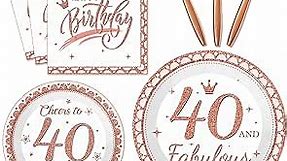 40th Birthday Decorations Plates and Napkins for Women Rose Gold Party Supplies 40 and Fabulous Happy Birthday Tableware Set Cheers to 40 Years Party Decorations Table Decors for Her Girl 24 Guests