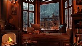 Cozy Reading Nook Ambience - Rain on Window & Thunder Sounds | Warm Fireplace