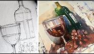 Watercolor Technique to Paint Wine Bottle & Glass