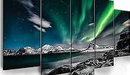 Northern Lights Canvas Print - Aurora Borealis Canvas Wall Art Painting for Living Room Snowy-Mountains-Landscape Poster Picture Wooden Framed Prints Ready to Hang (E-5pcs,80"x40")