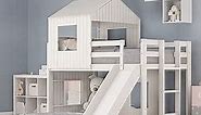 Harper & Bright Designs Wood House/ Bunk Bed with Slide, Roof and Guard Rail for Kids, Toddlers, No Box Spring Needed