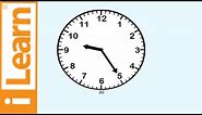 Telling Time: How to tell time to five minutes - with 30 minutes shown.