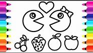 How to Draw Pac-Man Ms Pac-Man and Fruits Coloring Book for Children | Free Coloring Pages for Kids