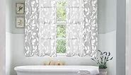 XTMYI Light Grey Small Window Curtain Panels for Bathroom,Grommet Leaf Striped Pattern Design Sheer Half Short Curtains for Bedroom Kitchen Set,Gray and White,48 Inch Length