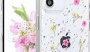 for iPhone 12/iPhone 12 Pro Case Clear with Real Pressed Flowers Design Glitter Cute Sparkly Floral Pattern Slim Soft TPU Protective Women Girl's Phone Cover (Pink)