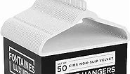 Fontaines Luxury Kid's White Velvet Felt Non Slip Clothes Hangers 50 Pack - Ultra Slim & Space Saving - Heavy Duty Swivel Black Hook for Children's Clothing, Shirt, Dress, Skirt & Pants Organization