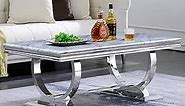 Silver Coffee Table, Grey Rectangular Living Room Table with Silver Mirrored Metal U-Base, Sofa Coffee Table for Living Room, Guest Hall, Reception Room
