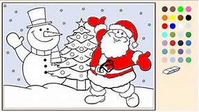 Оцветяване На Коледна Картичка С Дядо Коледа Снежен Човек И Елха