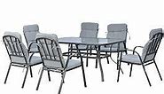 Outsunny 7Pieces Garden Dining Set, Outdoor Dining Table and 6 Cushioned Armchairs, Tempered Glass Top Table w/ Umbrella Hole, Texteline Seats, Black
