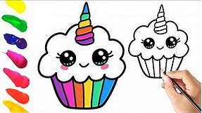 How to Draw Easy Unicorn Cupcake, step-by-step Drawing, Painting, and Coloring for Kids and Toddlers