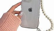 Compatible for iPhone 13 pro max Case Cute Curly Wave Frame Clear Soft Shockproof Case with Pearl Wrist Strap Bracelet Chain for Women Girls(Clear,iPhone 13 pro max)