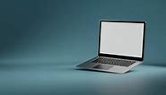 3D render of open laptop with white screen dropping into frame