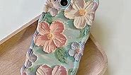 UEEBAI Case for iPhone 13 Pro Max 6.7 inch, Colorful Retro Oil Painting Flower Case Pretty Glossy Pattern Wave Case Cute Sparkly Floral Curly Cover Stylish Soft Case for Women and Girl - Pink Green