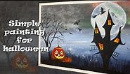 Halloween night , witches , pumpkins , fall tree , haunted house , bats moon simple acrylic painting