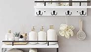 LUDORU White Wall Shelves with Hooks - 3 Tier Nature Wood Bathroom Floating Shelves Wall Mounted, Bathroom Wall Shelf Over Toilet with Wire Storage Basket and Towel Bar for Bathroom, Kitchen, Bedroom