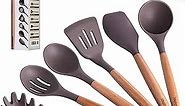 Mapthon Silicone Cooking Kitchen Utensils Set 6 PCS with Wooden Handle for Non-Sticker Cookware Heat-Resistant Kitchen Gadgets Serving Spoons, Slotted Turner, Spatula, Spaghetti Server(Grey)