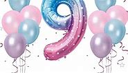 40 Inch Gradient Blue Pink Number 9 Balloon, 9th Birthday Balloons, 11Pcs Pearl Light Purple Pink Blue Latex Balloons 9 Foil Balloon for Kids Girl 9th Birthday Mermaid Party Decorations Anniversary