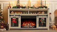 WAMPAT Fireplace TV Stand for 65+ Inch TV, Farmhouse Highboy Entertainment Center with 23" Electric Fireplace & Sliding Mesh Doors, Rustic Tall Media Console Cabinet for Living Room, Antique White