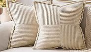 MIULEE Corduroy Pillow Covers with Splicing Set of 2 Super Soft Boho Striped Pillow Covers Broadside Decorative Textured Throw Pillows for Christmas Couch Cushion Livingroom 20x20 inch, Beige