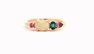 Rose gold ring set with opal, pink and green Tourmaline. #prettyrings #pinktourmalines #opal #greetourmaline #rosegoldjewellery #solojewellerydesigns #colourfuljewellery #bespokejewellery #jewellerylovers | Solo Jewellery Designs