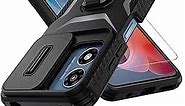 for Motorola Moto G Play 2024 Case with Tempered Glass Screen Protector and Camera Lens Cover,Rotated Ring Stable Kickstand,Heavy Duty Shockproof Protective Phone Cover-Black