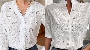 Top Stunning And Stylish Spring Summer White Eyelet Cotton Casual Wear Ladies Office Wear Blouse