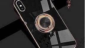 Omorro for Black iPhone Xs Max Case for Women Ring Holder, 360 TPU Rotation Kickstand Rings Cases with Stand Glitter Plating Rose Gold Edge Work with Magnetic Mount Slim Sleek Luxury Case Girly