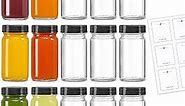 15 Pack 2 oz Glass Shot Mini Bottles w/ Black Lids & 15 Labels - Small Clear Jar for Ginger, Wellness Shot, Juice, Sample, Whiskey - Travel Essentials - Wide Mouth, Leakproof, Dishwasher Safe