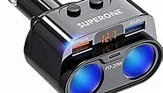 SUPERONE 200W 2-Socket Cigarette Lighter Splitter Power Adapter, USB C Car Charger with 20W Power Delivery 3.0 & QC 3.0 for iPhone 15 Pro Max/14/13/12/11/11 Pro/X/8/7, Samsung, Google Pixel and More