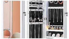Nicetree 6 LEDs Mirror Jewelry Cabinet, Large Capacity Lockable Jewelry Armoire Organizer, Door or Wall Mounted Mirror with Jewelry Storage, Christmas Gifts, White